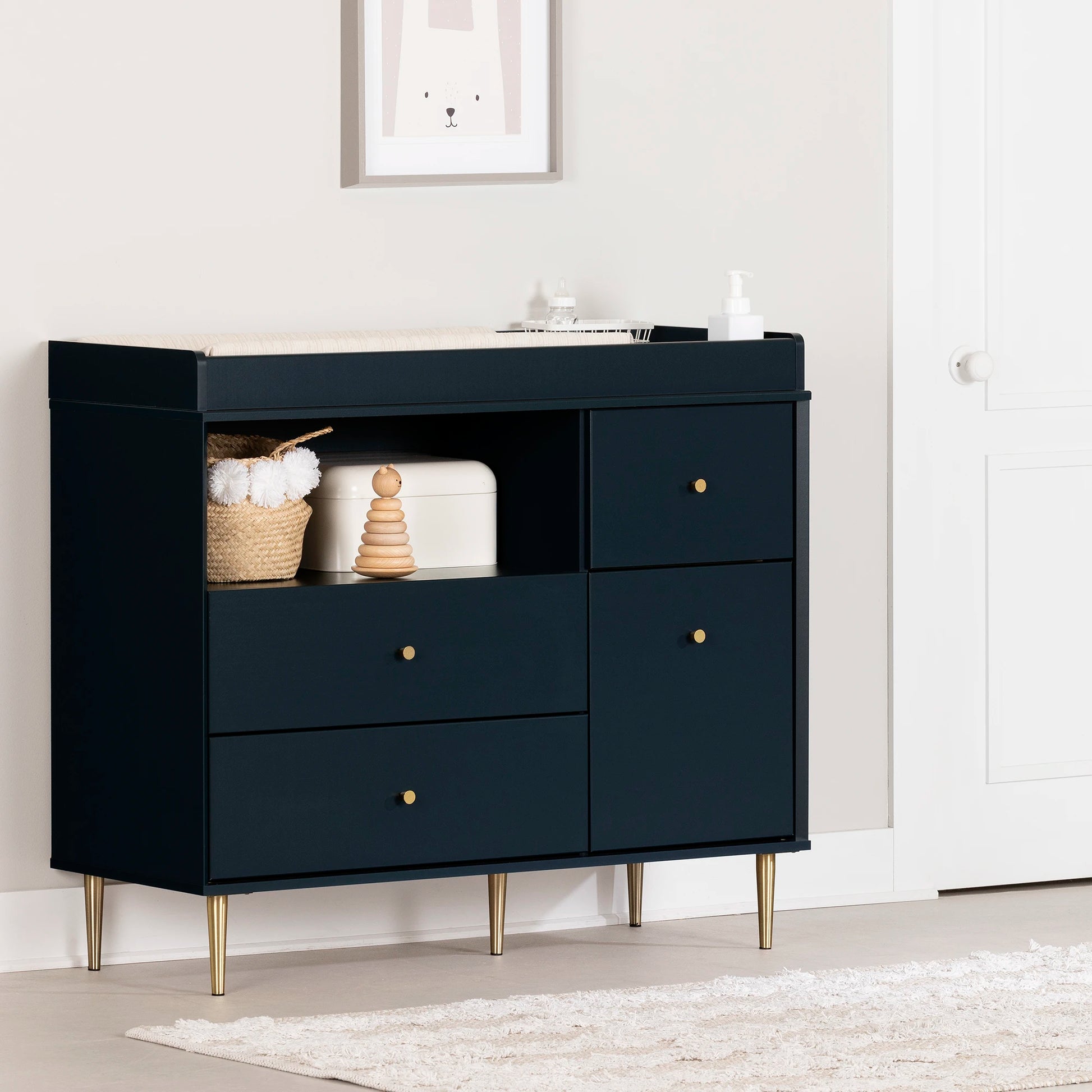 South Shore Dylane Changing Table with Drawers Open Storage Blue